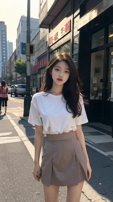 1 Girl,On the Street,Soft Light,Chinese Beauty,Hip skirt,Dark-haired,long hair