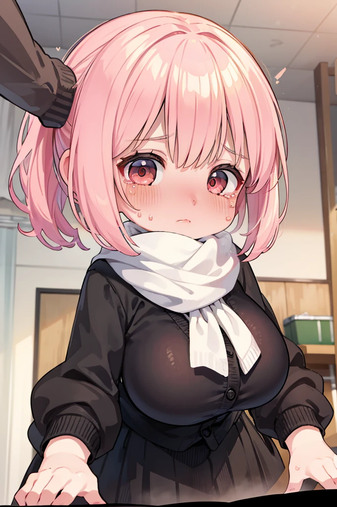 nsfw,((Masterpiece)),((high resolution)),((Best Quality)),Anime illustration,(((1girl))),(wavy hair),(short hair),(pale pink hair color),small ponytail,Red eyes,(Big round eyes),((tareme)),,((loli face)),gasm,drunken eyes,((very big breasts)),Short stature,Young,,,cardigan,mini skirt,Feeling embarrassed,Are crying,classroom,deepthroat,How,hands on another's head,pov hands,head grab,penis,