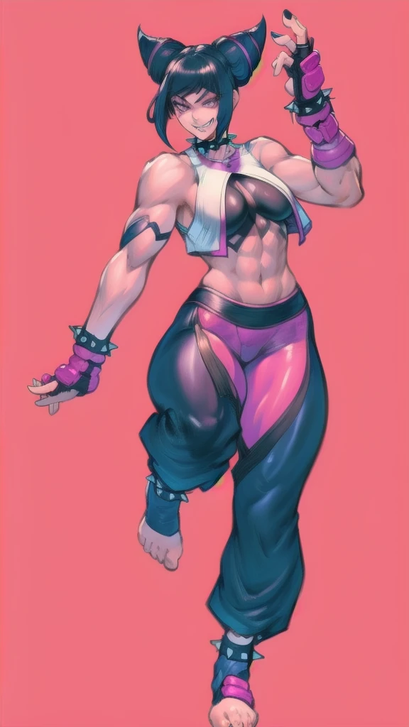 Full body image of Juri Han from Street Fighter 5, wearing her original outfit (black and purple clothes with spiked accents, barefoot with taped feet, and arm guards), short black hair styled in twin buns, female body, athletic and flexible body, dynamic pose, detailed pose, simple background, expressive face showing a mischievous grin, focus on face, line art, sketch