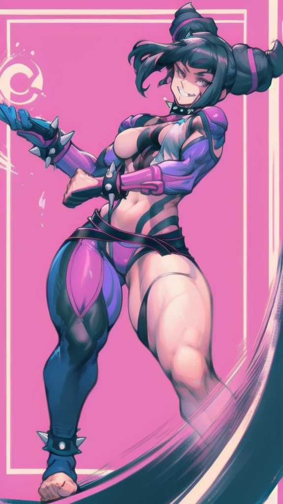 Full body image of Juri Han from Street Fighter 5, wearing her original outfit (black and purple clothes with spiked accents, barefoot with taped feet, and arm guards), short black hair styled in twin buns, female body, athletic and flexible body, dynamic pose, detailed pose, simple background, expressive face showing a mischievous grin, focus on face, line art, sketch