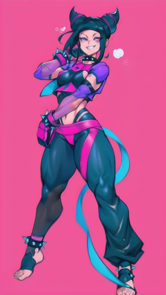 Full body image of Juri Han from Street Fighter 5, wearing her original outfit (black and purple bodysuit with spiked accents, barefoot with taped feet, and arm guards), short black hair styled in twin buns, female body, athletic and flexible body, dynamic pose, detailed pose, simple background, expressive face showing a mischievous grin, focus on face, line art, sketch