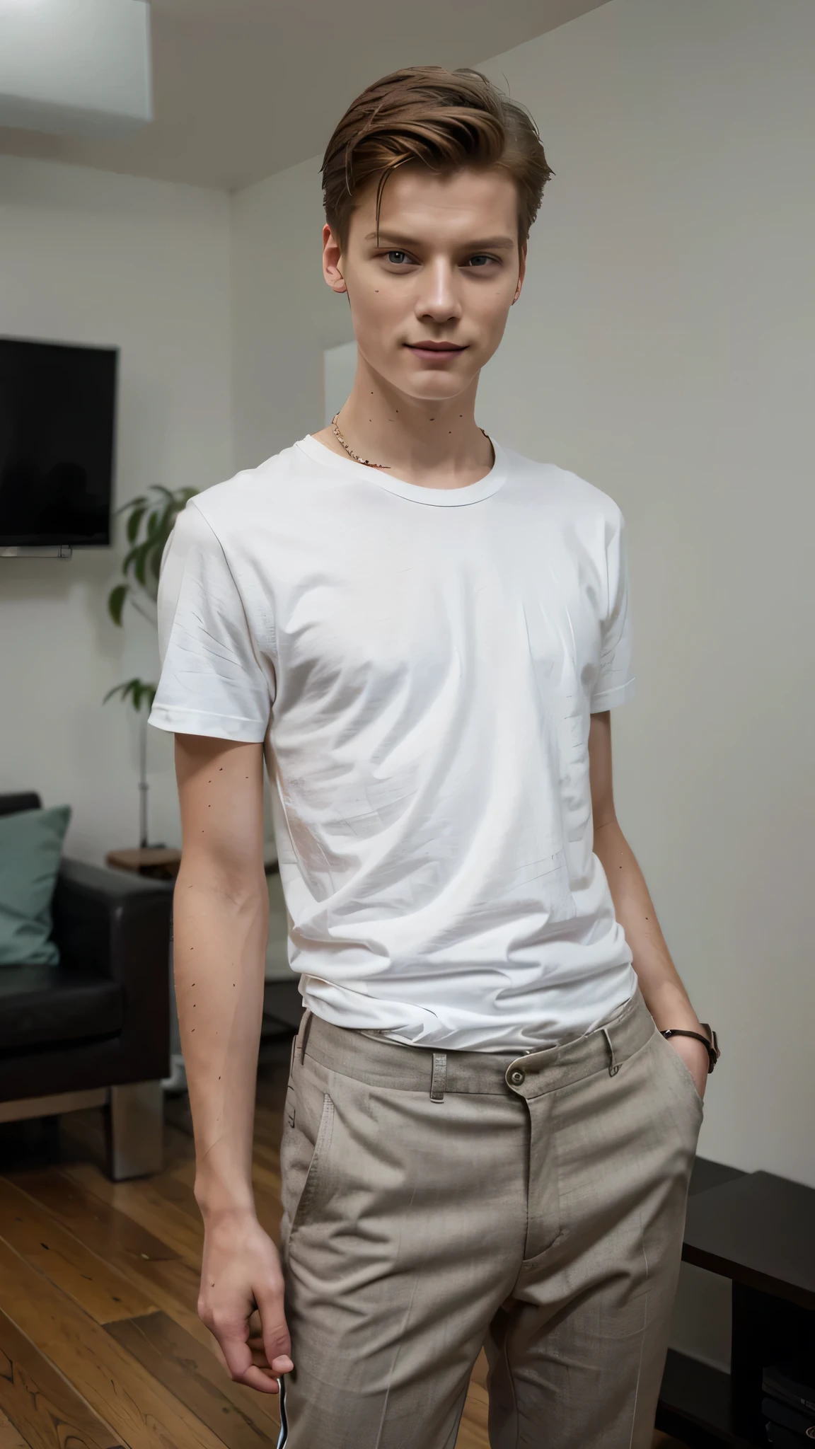 Janis Ancens, preppy haircut, classic pants, t-shirt and pants, elegant watch, smile, filming on camera, full view