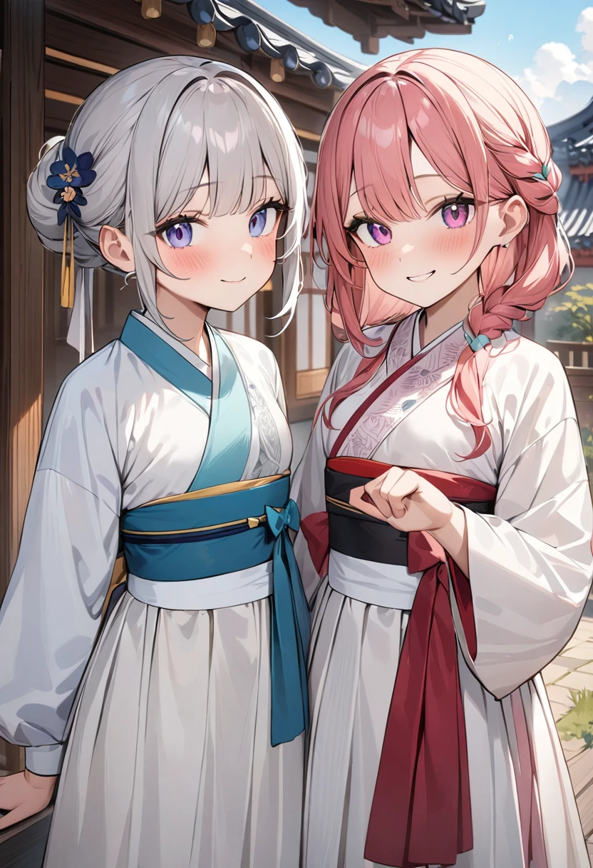 (masterpiece, top quality, very aesthetic, 4k、illustration), intricate detail, 2girls,Standing 、(cowboy shot)、Randomsmile、()、,
Cute 、Random Hair Color、,middle hair,sidelock ,Random Color　eyes、hanbok clothes、small 、Slim 、