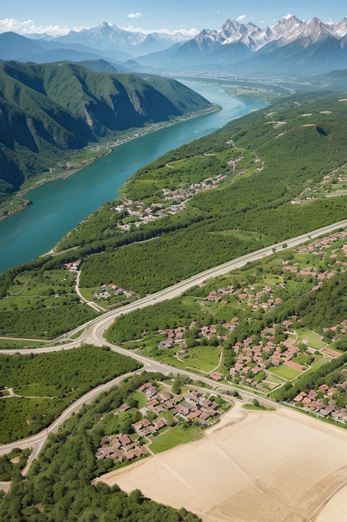 Areas with mountains, flat land, rivers, houses, industrial and plantations