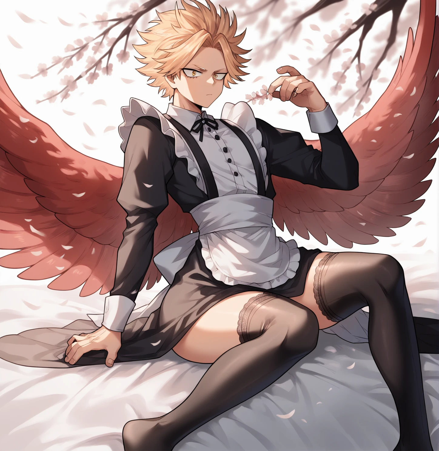 [1], short stature ,Alone, gay blonde boy, low, slicked back hair, two front strands that stick out, gold eyes, red wings on the back, red bird tail, delicate hands, fine ranges, delicate, curves thighs, small waist, cuerpo delicate, submissive, dress: maid outfit, provocative, long dark thigh high stockings, sitting on a bed, provocative pose, apariencia submissive, white cherry blossoms, Hawks, Boku no hero academia