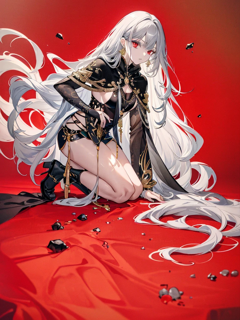 8k,High resolution RAW color art, Anime Art,Silver Marble Skin, (((Very detailed and cool))), Detailed skin, texture,(Exquisitely crafted, The finer details, Ultra-detailed art), (((1 girl))), Depth of written boundary, Silky Touch, Hyper Detail, (((Cool face))), eye shadow、Armed women, Beautiful detailed red eyes, Beautiful lip detail, Highly detailed face, Delicate depiction of hair and eyes, Detailed Fashion, Golden Earrings,Full body depiction, Black half-top bra、Black shorts、Waist Cloak、black tights、Golden decoration, Gray Hair, Golden bracelet, Straight Hair、(((Hair)))、ice華、moonlight、Calm background、(((Black theme)))、ice、(((Cold)))、Side view、Kneeling
