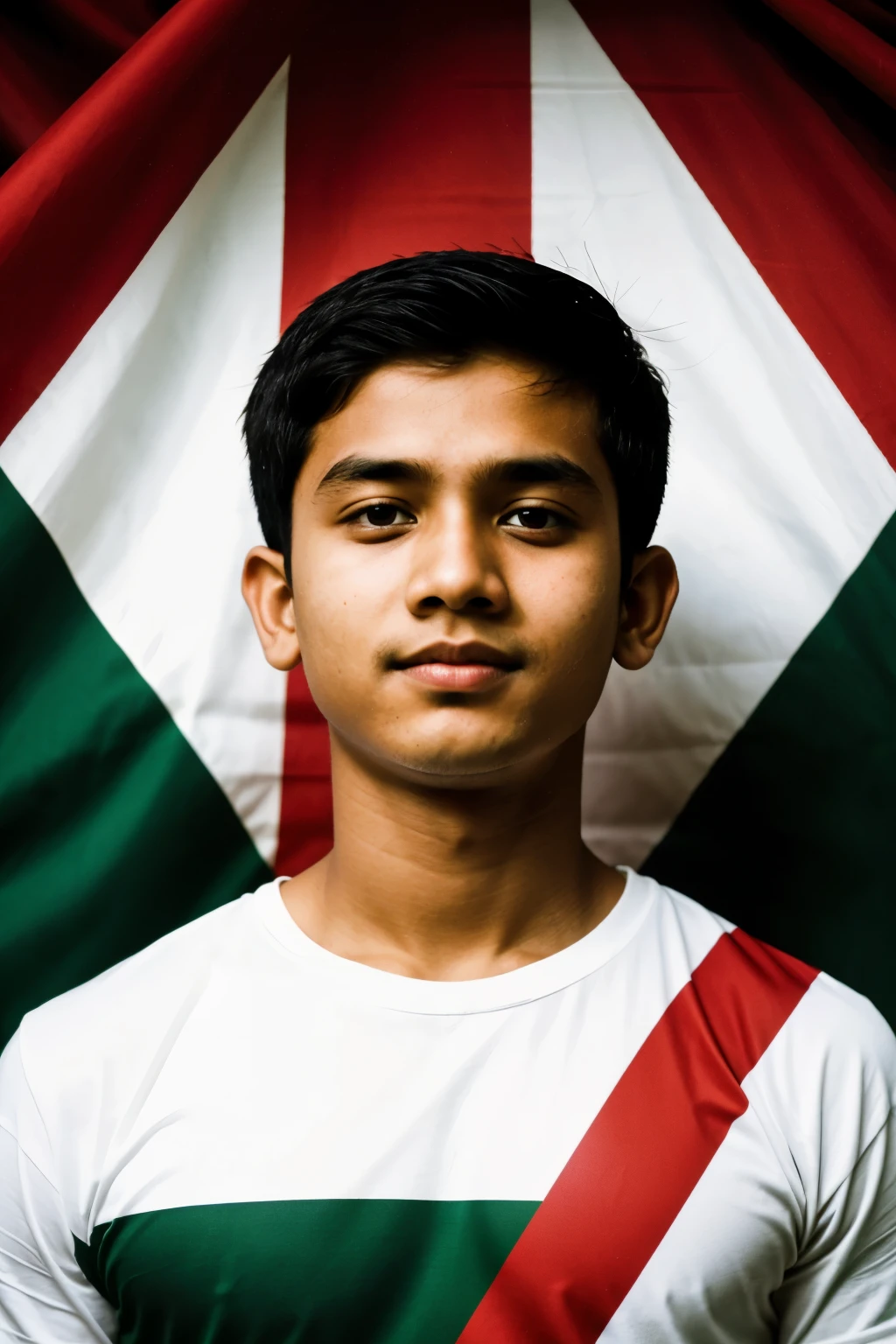 A boy stand with Bangladesh flag and his face are blooded. And his head a black bend