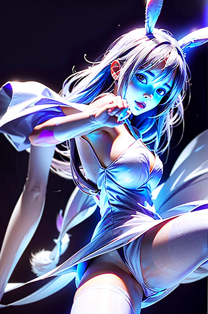 ((standing,leaning forward:1.3,place both hands on breasts,dynamic pose:1.5)),(PLAYBOY BUNNY,BLACK AND WHITE dress)),((Simple dress、White rabbit ears、White tights、Rabbit tail))