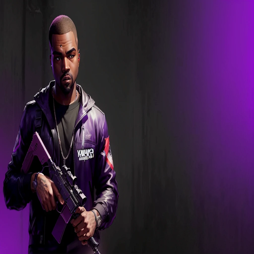 blurred image of a man holding a gun under a purple light, Kanye West em GTA V, Drake no GTA V, as the protagonist of gta 5, gta character, gta character v, gta loading screen art, GTA5 cover with 2D game art, like a GTAV character, Jesse Pinkman em GTA V, gta loading screen, gta v loading screen
