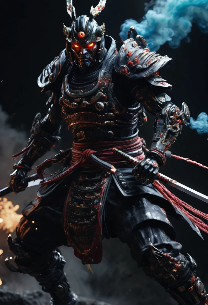 A cyborg samurai-like creature in action、Launch an attack on the enemy, FW Murano Style, Pitch black smoke coming out, Vibrant Color Blast, Very detailed, dark, Key Visual, Atmospheric, Very realistic, Attention to detail and texture, Ray Tracing