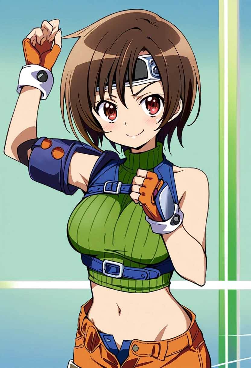 score_9, score_8_up, score_7_up,,BREAK source_anime, from front,front view,,.upperbody,,looking_at_viewer,1girl, yuffie kisaragi, final fantasy, short hair,headband,navel,sleeveless,turtleneck,brown eyes,sleeveless turtleneck,solo,breasts,looking at viewer,smile,gloves,crop top,brown hair,shorts,midriff,,sweater,open fly,fingerless gloves,ribbed sweater,medium breasts,,smile,smug,best quality,aesthetic,very aesthetic,masterpiece,(high-resolution), 