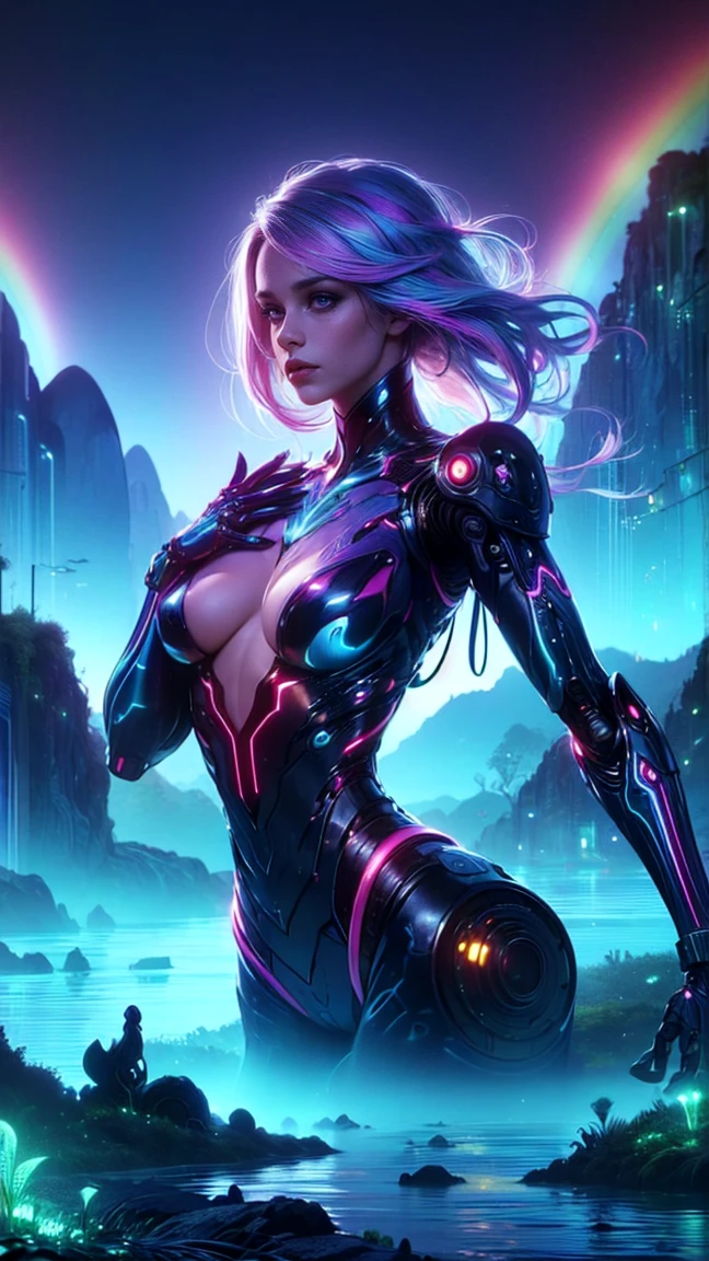 top quality, future world, State-of-the-art robot, Beautiful Woman, flying hair, Transformed into a cyborg except for the face,  Transformed into a cyborg except for the shoulder, sexy images, whole body photo, ((mysterious island, mysterious atmosphere, mysterious pool, mysterious mountain, mysterious rainbow, mysterious background))