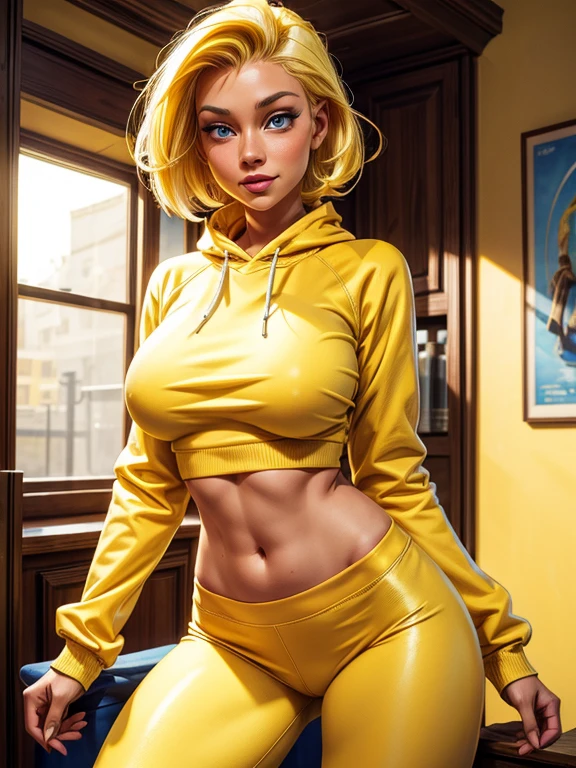 a woman with yellow hair, fair skin, blue eyes, wearing 
 yellow shorts and long-sleeved yellow shirt, ankle-length socks, full breasts, expression of joy, happiness, sensual pose.