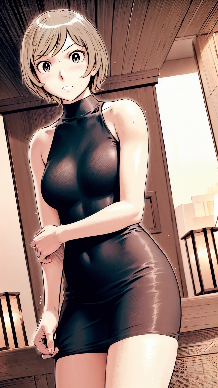 、(masterpiece、Highest quality)、Highest quality, Ultra-high resolution, (((masterpiece))), alone, Sweat、Big eyes, Sleeveless、Outdoor、Floral Dress、Composition from the front、(後ろCut your hair short、short hair、blonde、woman)、Shortcuts、Embarrassed face、Cut your hair short、可愛いwomanの子、Big Breasts、Browsing Caution