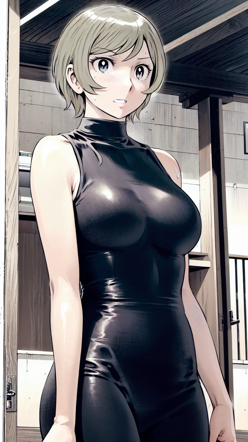 、(masterpiece、Highest quality)、Highest quality, Ultra-high resolution, (((masterpiece))), alone, Sweat、Big eyes, Sleeveless、Outdoor、Floral Dress、Composition from the front、(後ろCut your hair short、short hair、blonde、woman)、Shortcuts、Embarrassed face、Cut your hair short、可愛いwomanの子、Big Breasts、Browsing Caution