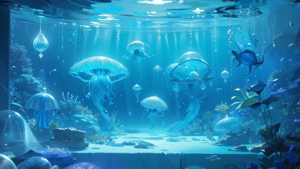 Room under the sea、From inside the room you can see mysterious jellyfish and other sea creatures.、The Underwater World、A room made of transparent materials、dim、The glow of the jellyfish creates a fantastical atmosphere、Fantasy、In the sea、Light shines in