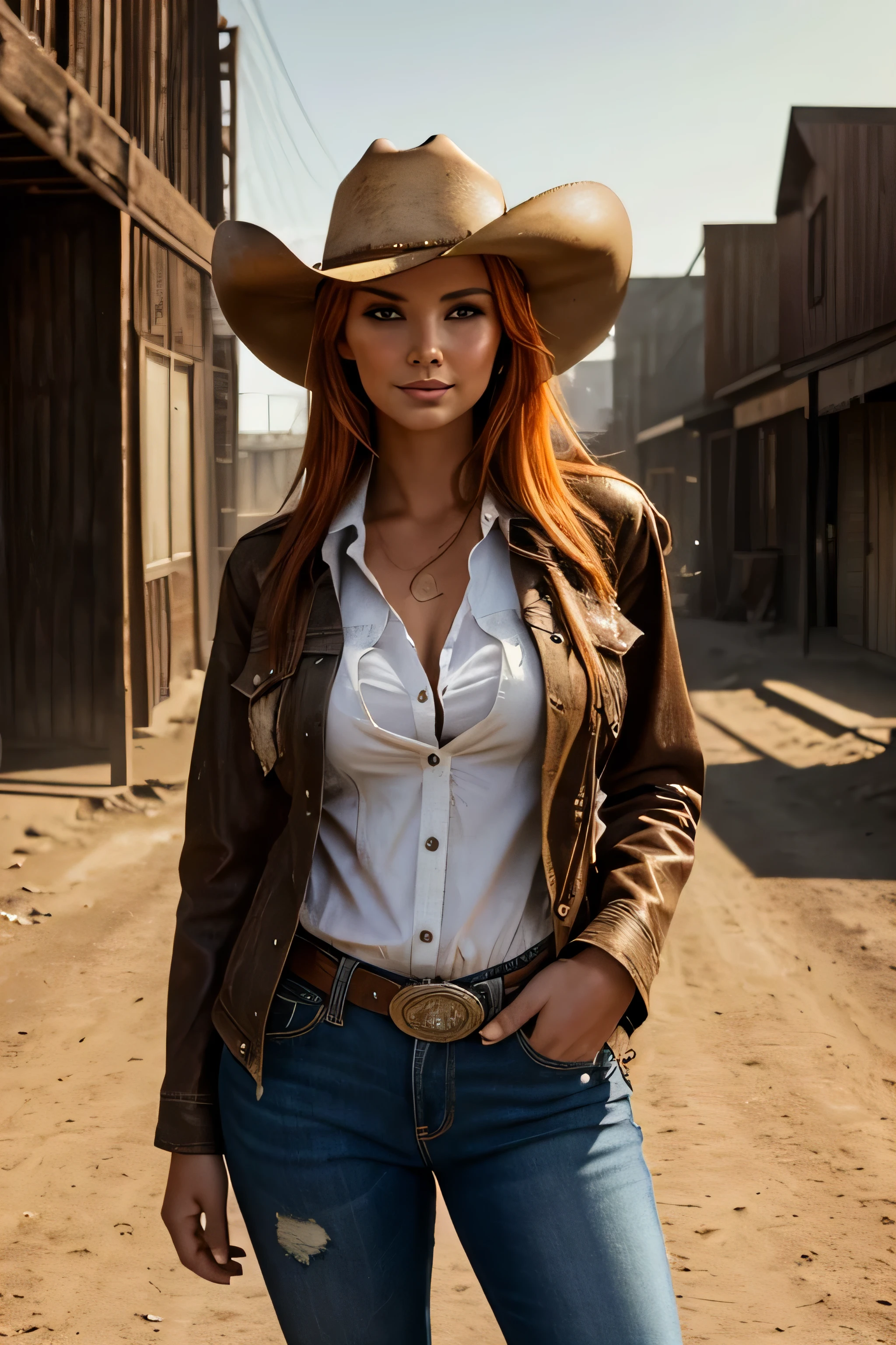 Foto hiperrealista en primer plano de Emily Sears, masterpiece, best quality, (photorealistic:1.4), (cowboy outfit, jacket over shirt, dirty pants, cowboy hat) Create dystopian masterpieces. Western theme, dusty atmosphere, wooden buildings, a setting sun casting long shadows, aged and worn costumes, anticipation in the air, intense standoff, empty street, deserted town, beautiful woman, skinny, large big breasts, straight orange hair, detailed face, smile, facing the camera, photo taken from a distance, age of 20 years old,