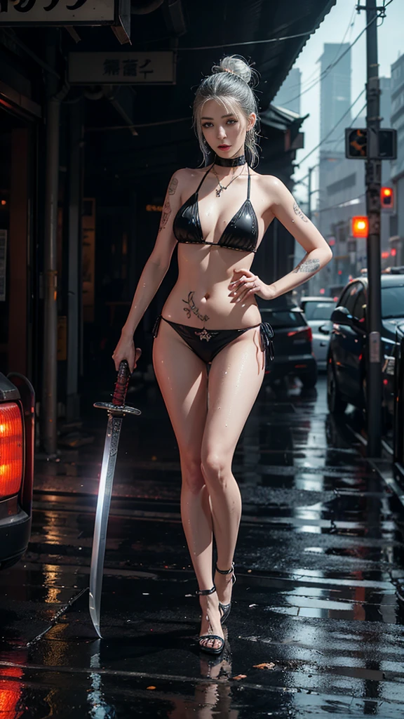 (Full body:1.2),(Female spy:1.1),Cyberpunk gangster close-up symmetrical portrait, Top quality, Surreal, Perfect anatomy, Crowded downtown, Glowing wet white skin, Slender model figure, Ahegao, Silver hair, Black micro bikini, Soaking wet, Ten head body, Collar and leash, Natural light, Cyberpunk city, Neon lights, Urban tech wear, (Girl holding big sword hilt in hand, head tilted up:1.3), Samurai sword, (Tattoo, Japanese tattoos all over body:1.2), Red lips, Red high heels, Choker, Necklace, Earrings, (Highly detailed:1.4),