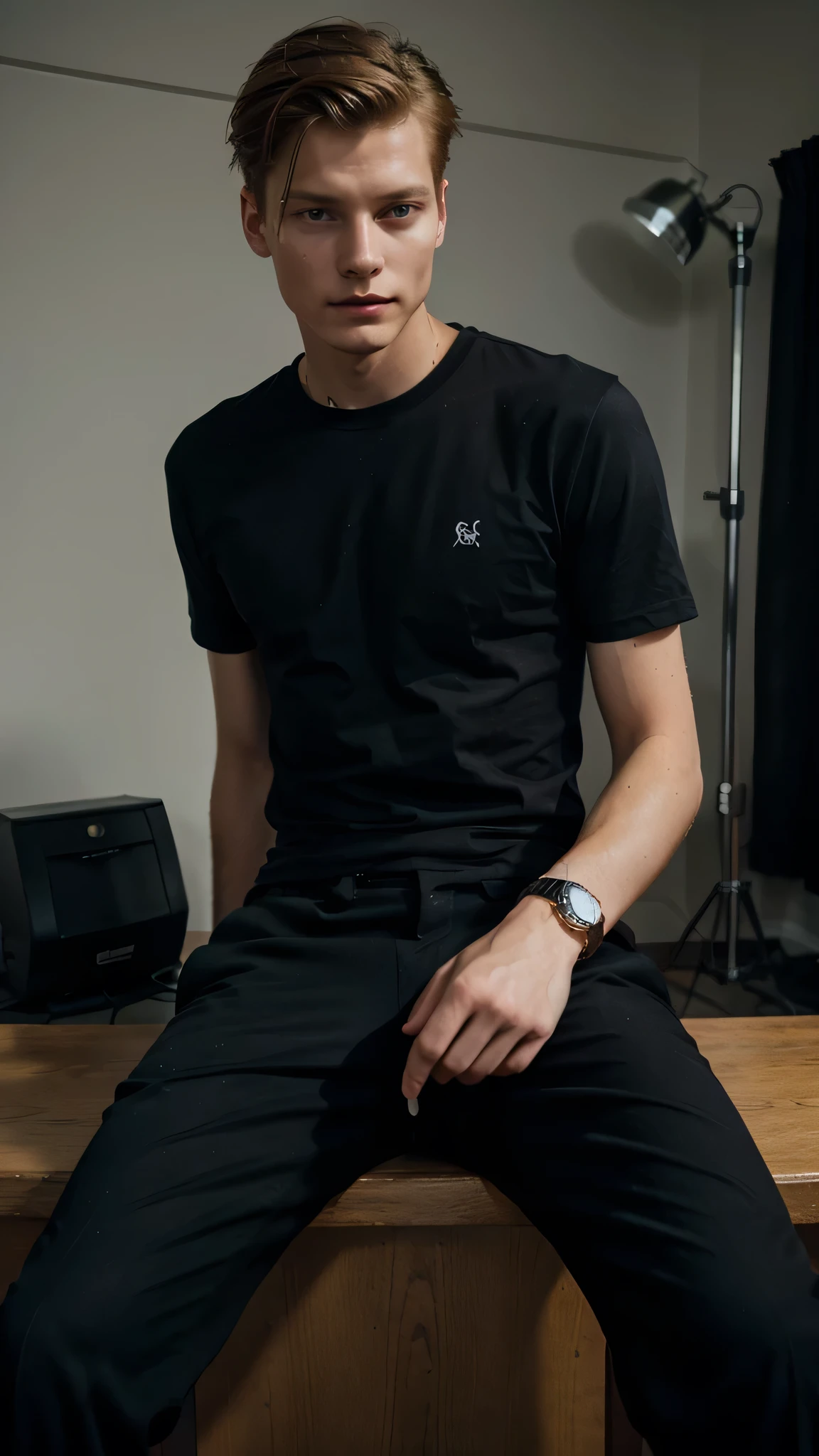 Janis Ancens, preppy haircut, classic pants, dark t-shirt and pants, elegant watch, smirk, sitting in the director's room, full view