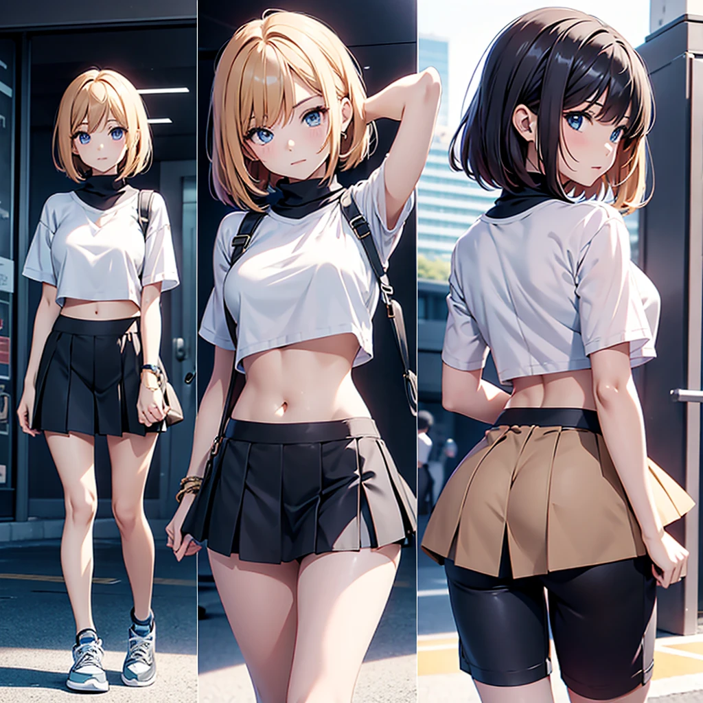 Anime girl wearing crop top and short skirt, holding her short skirt and showing her pants 