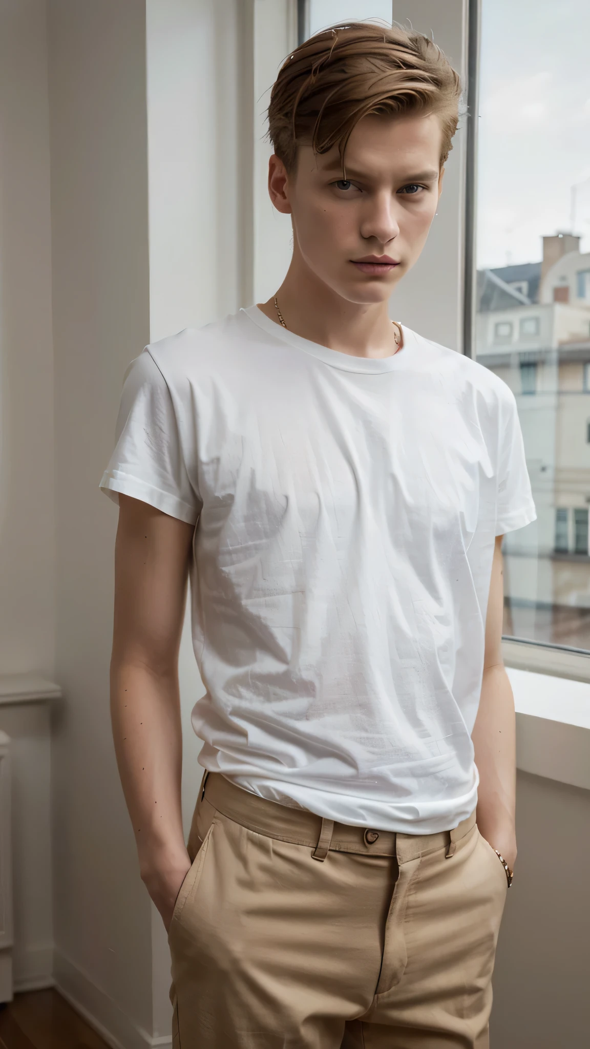 Janis Ancens, preppy haircut, classic pants, light t-shirt and pants, taking photo on th camera, full view