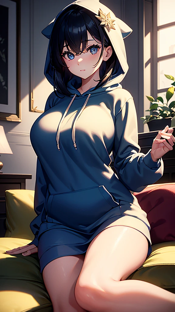 (masterpiece:1.2, best quality), (finely detailed beautiful eyes: 1.2), solo focus,   (extremely detailed CG unity 8k wallpaper, masterpiece, best quality, ultra-detailed, best shadow), (detailed background), (beautiful detailed face, beautiful detailed eyes) , 1girl, noona, 1girl, solo, large breasts, (oversized hoodie:1.4), holding handbag, High contrast, beautiful hot woman, adult, (best illumination, an extremely delicate and beautiful),(simple backround, indoors), looking at viewer,beautiful detailed glow, in the sofa, najed