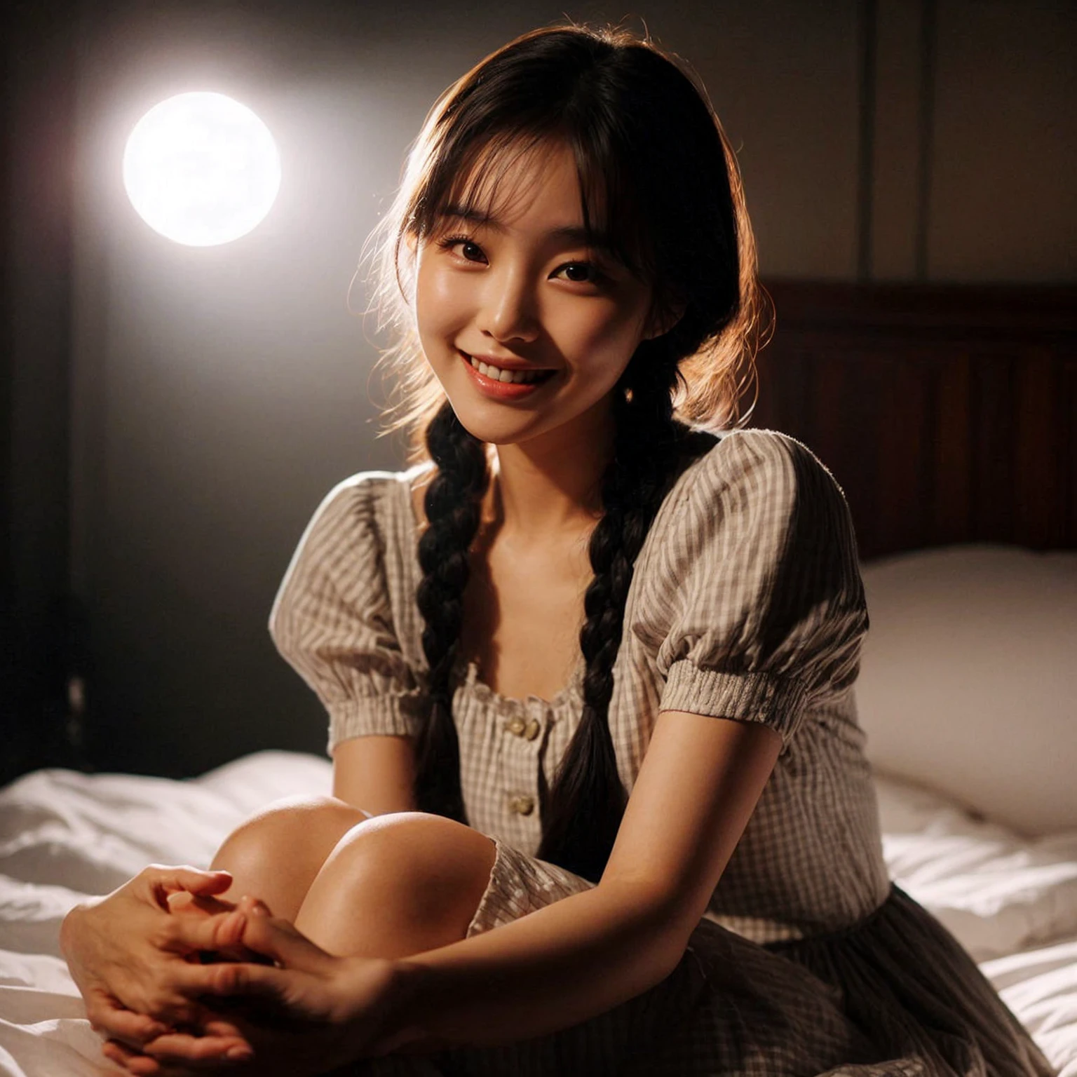 A young Korean woman in a dress sits on a bed, propped up, smiling at the camera. Her hair is styled in two braids with bangs. The dim lighting creates a calm bedroom atmosphere, with the spotlight focused on her. The shot is vivid and captures the essence of a cinematic masterpiece in HDR.