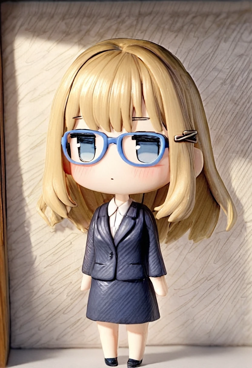 1girl,22years old, office lady,kawaii,intellectual,long blonde hair, blue eyes,jitome,brown hair pin,blue frame glasses,navy blazer,collared shirt,navy tight skirt, office, BREAK masterpiece, best quality, absurdres, cowboy shot, 3d,chibi,nendroid style,colored pencil art style, hand-drawn aesthetic, soft shading, textured paper background, gentle colors, sketch-like quality, artistic portrait, delicate lines, subtle blending, warm lighting
