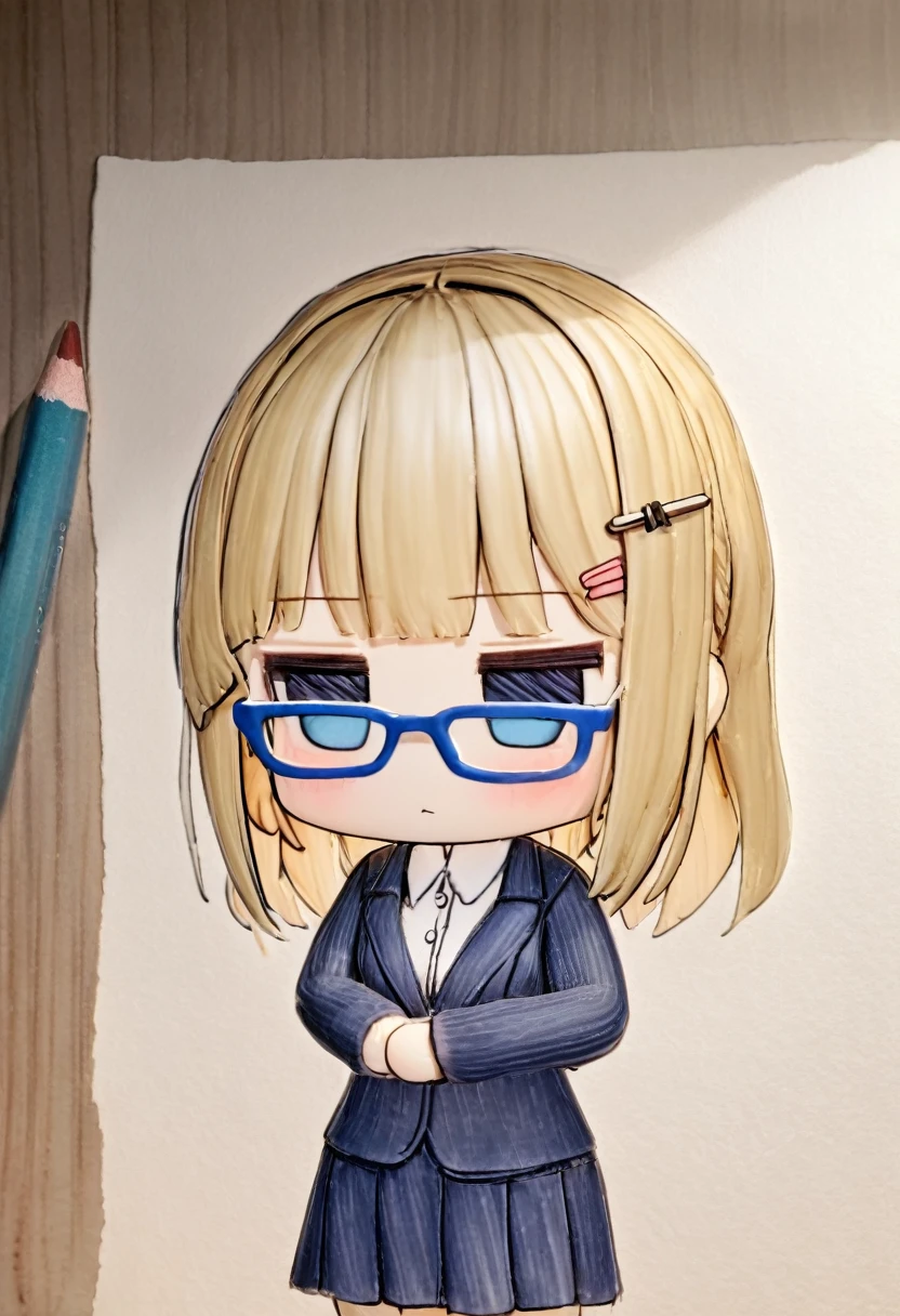 1girl,22years old, office lady,kawaii,intellectual,long blonde hair, blue eyes,jitome,brown hair pin,blue frame glasses,navy blazer,collared shirt,navy tight skirt, office, BREAK masterpiece, best quality, absurdres, cowboy shot, 3d,chibi,nendroid style,colored pencil art style, hand-drawn aesthetic, soft shading, textured paper background, gentle colors, sketch-like quality, artistic portrait, delicate lines, subtle blending, warm lighting