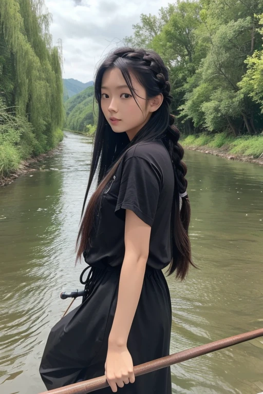 fishing、river、Braid、Long Black Hair、