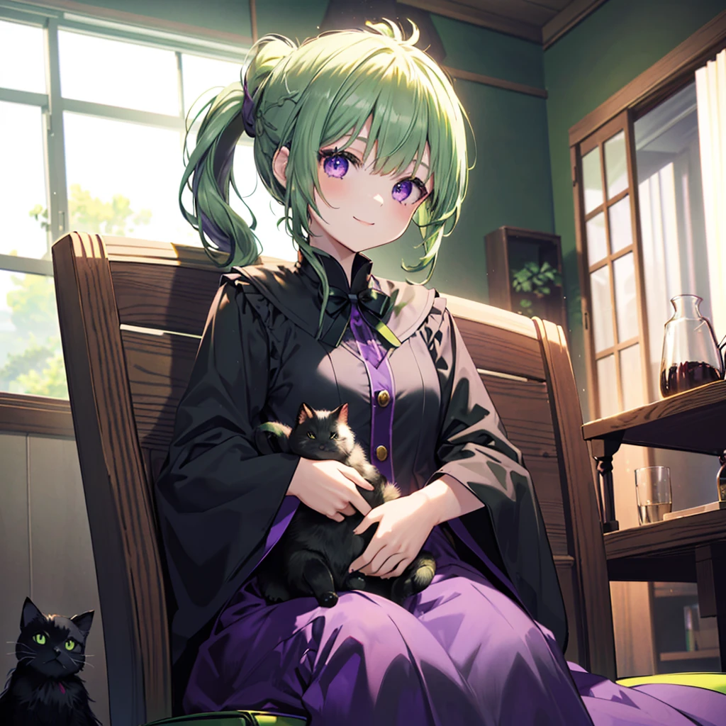((((woman、Sit on a chair、Black cat on lap　Lots of cats))))　(((uniform　Green Hair、ponytail　Purple Eyes　Inside the room)))　((Sunshine enters))　(smile)　Shining Edge、Shining Background