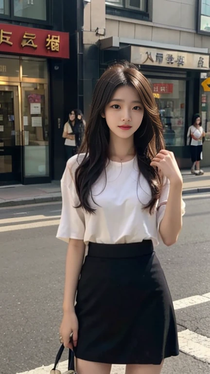 1 Girl,On the Street,Soft Light,Chinese Beauty,Hip skirt,Dark-haired,long hair