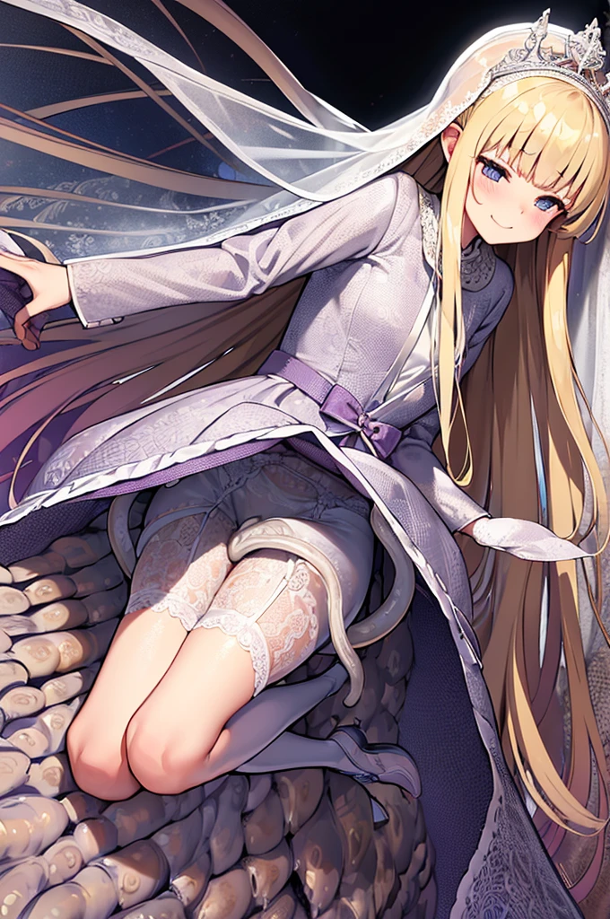 wedding veil、wedding dress、Blonde Hair、smile、solo girl、Thighs、restrained by tentacles、Leg spread、SEX and tentacle、flesh wall、Mucueat wall、Being lifted by tentacles、woman on top、vaginale,sex、garter belt、skirt、Shiina Mahiru
