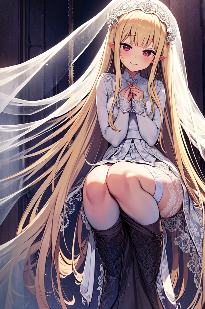 wedding veil、wedding dress、Blonde Hair、smile、solo girl、Thighs、restrained by tentacles、Leg spread、SEX and tentacle、flesh wall、Mucueat wall、Being lifted by tentacles、woman on top、vaginale,sex、garter belt、skirt、Shiina Mahiru