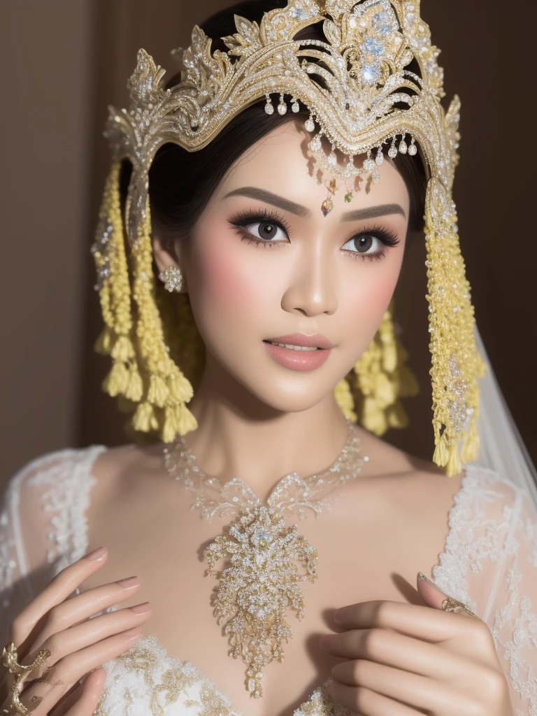 close up of beautiful woman, a sweet mouth, delicate lips, seductive lips, light on the face, dynamic pose, hiding hands, pengantin_sunda. Ultra detailed, 8K, HDR, Octane Render, Redshift, Unreal Engine 5. Professionally color graded, atmosphere, amazing depth, rich colors, powerful imagery, psychedelic overtones, 4K, 8K.