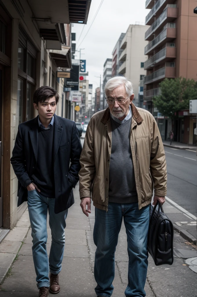 ((best qualityer)), a young man and an old man seeing the end of the world