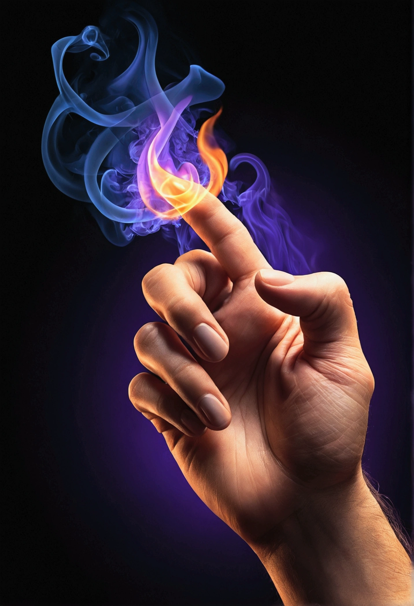 large, bright text fingertips and flames that connect with the written text " hasif", the text formed and merged with the flame, there is blue purple and orange smoke, dark background, soft lighting