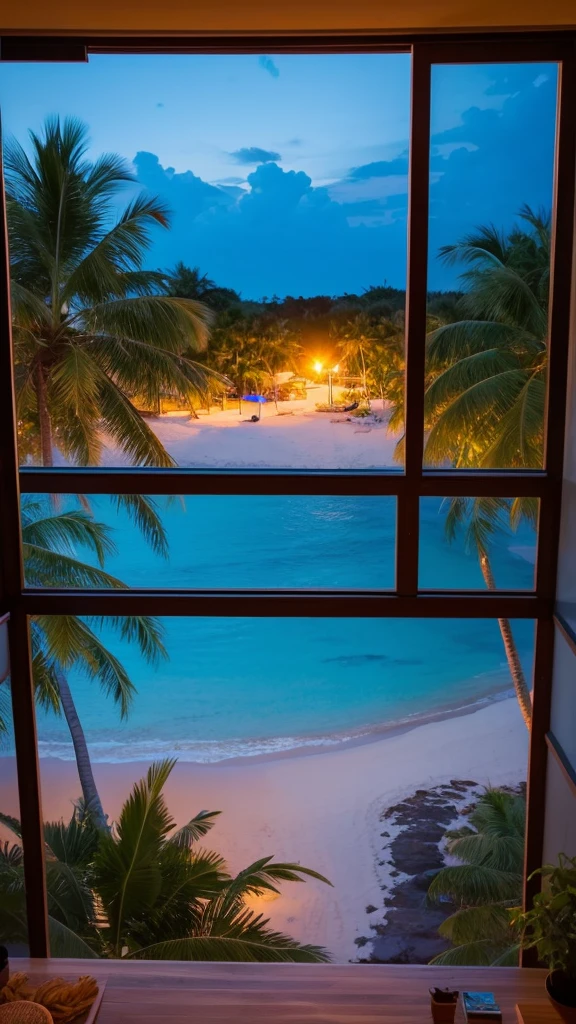 A tropical beach seen from a window　Night view