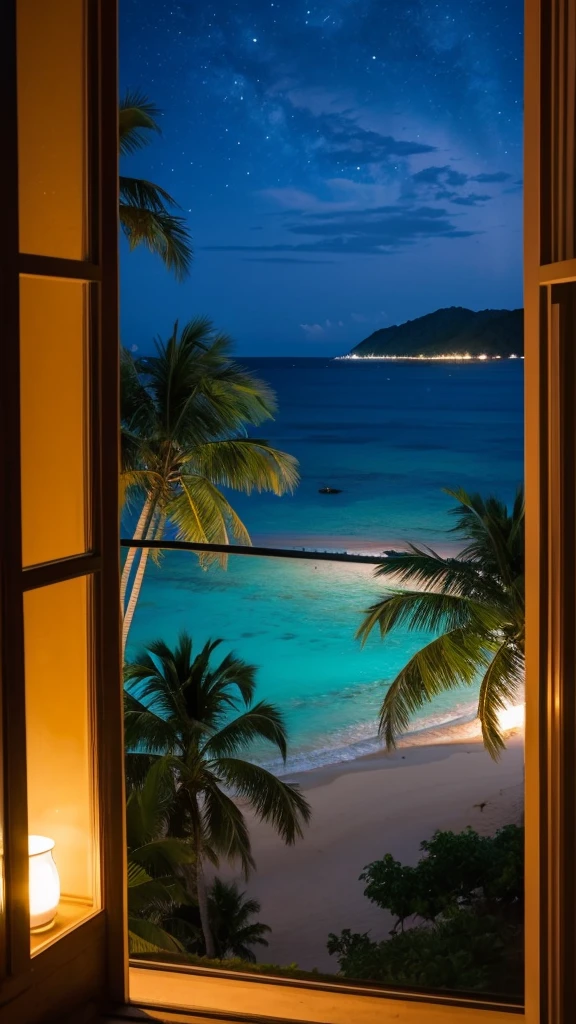 A tropical beach seen from a window Night view