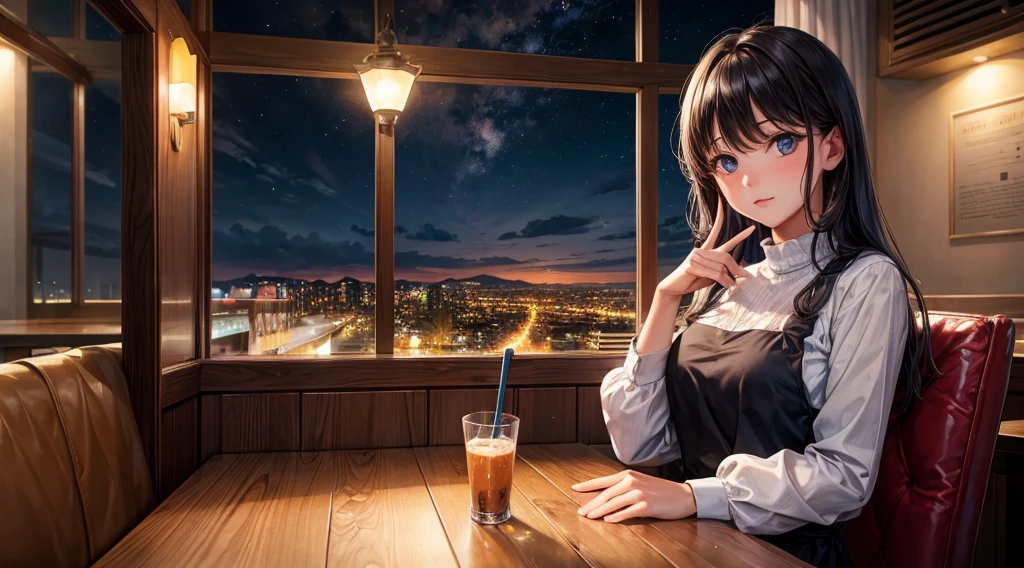 (Original photo, Highest quality), 1 girl, Lisa, night,Cafe, relax, Satosh Khan'Art Style