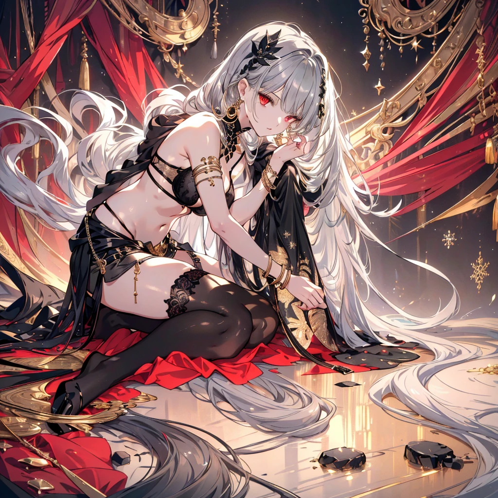 8k,High resolution RAW color art, Anime Art,Silver Marble Skin, (((Highly detailed elegant))), Detailed skin, texture,(Exquisitely crafted, The finer details, Ultra-detailed art), (((1 girl))), Depth of written boundary, Silky Touch, Hyper Detail, (((Cool face))), eye shadow、Armed women, Beautiful detailed red eyes, Beautiful lip detail, Highly detailed face, Delicate depiction of hair and eyes, Detailed Fashion, Golden Earrings,Full body depiction, Black half-top bra、Black shorts、Waist Cloak、black tights、Golden decoration, Gray Hair, Golden bracelet, Straight Hair、(((Hair)))、moonlight、Calm background、(((Black theme)))、Snowflake background、Side view、Kneeling