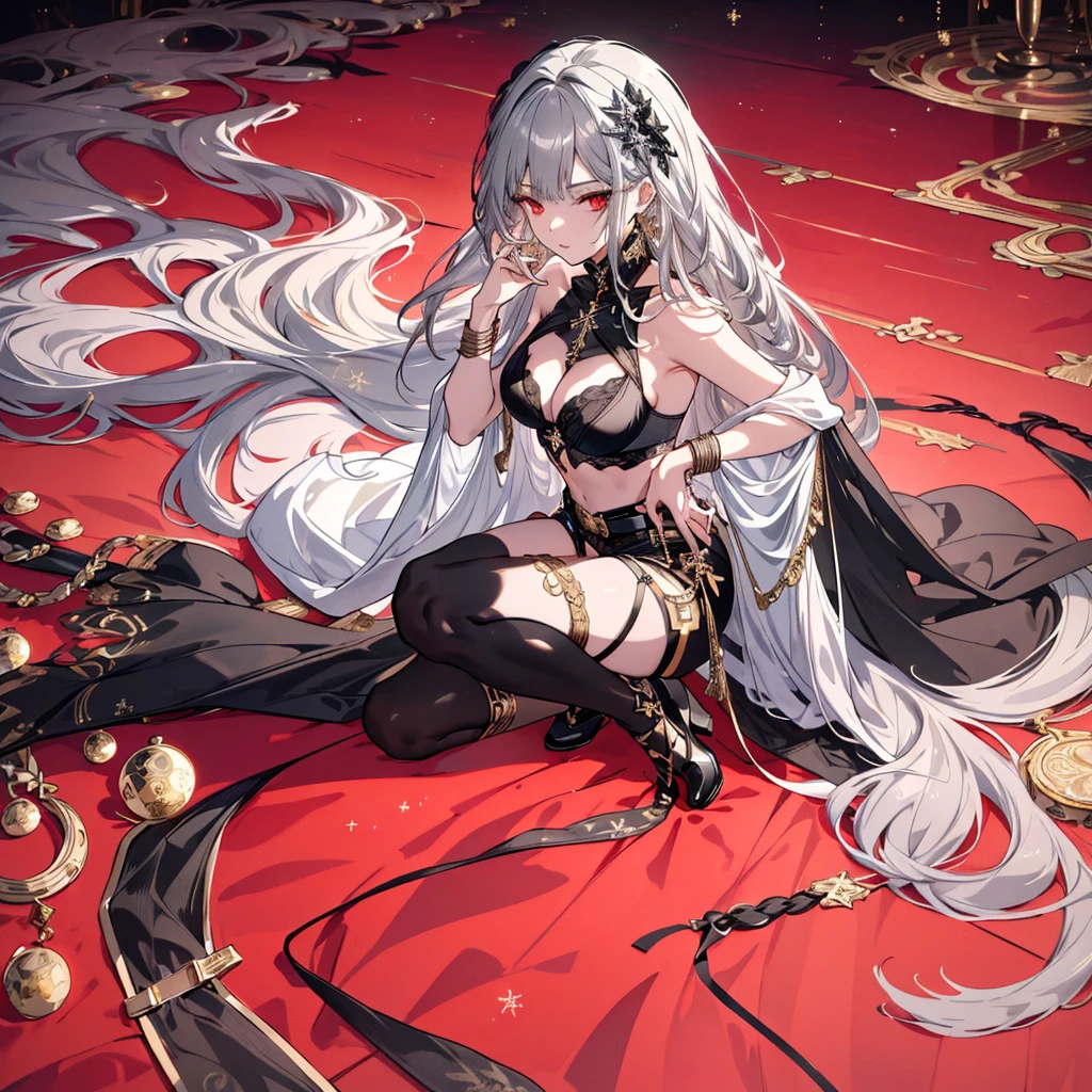 8k,High resolution RAW color art, Anime Art,Silver Marble Skin, (((Highly detailed elegant))), Detailed skin, texture,(Exquisitely crafted, The finer details, Ultra-detailed art), (((1 girl))), Depth of written boundary, Silky Touch, Hyper Detail, (((Cool face))), eye shadow、Armed women, Beautiful detailed red eyes, Beautiful lip detail, Highly detailed face, Delicate depiction of hair and eyes, Detailed Fashion, Golden Earrings,Full body depiction, Black half-top bra、Black shorts、Waist Cloak、black tights、Golden decoration, Gray Hair, Golden bracelet, Straight Hair、(((Hair)))、moonlight、Calm background、(((Black theme)))、Snowflake background、Side view、Kneeling