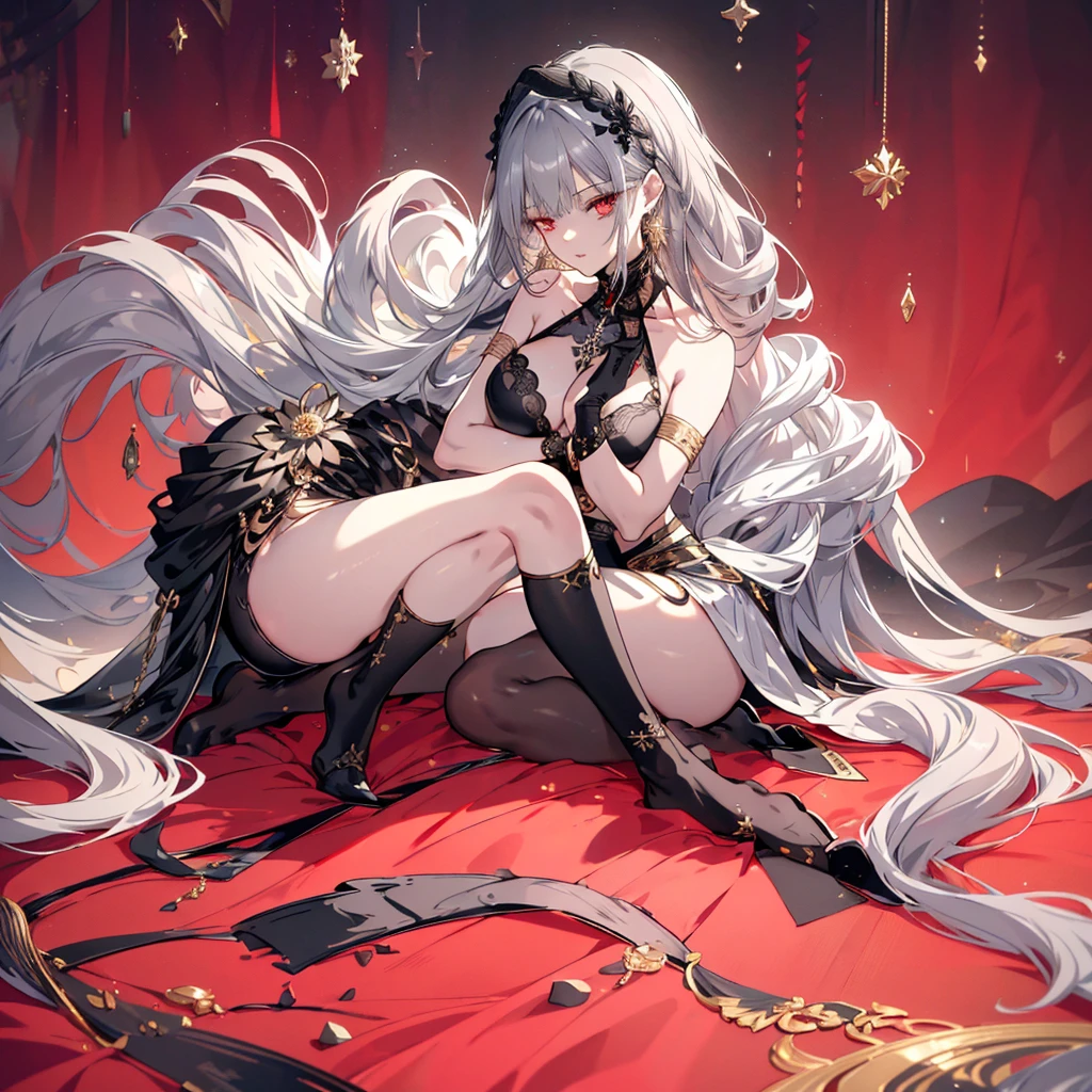 8k,High resolution RAW color art, Anime Art,Silver Marble Skin, (((Highly detailed elegant))), Detailed skin, texture,(Exquisitely crafted, The finer details, Ultra-detailed art), (((1 girl))), Depth of written boundary, Silky Touch, Hyper Detail, (((Cool face))), eye shadow、Armed women, Beautiful detailed red eyes, Beautiful lip detail, Highly detailed face, Delicate depiction of hair and eyes, Detailed Fashion, Golden Earrings,Full body depiction, Black half-top bra、Black shorts、Waist Cloak、black tights、Golden decoration, Gray Hair, Golden bracelet, Straight Hair、(((Hair)))、moonlight、Calm background、(((Black theme)))、Snowflake background、Side view、Kneeling