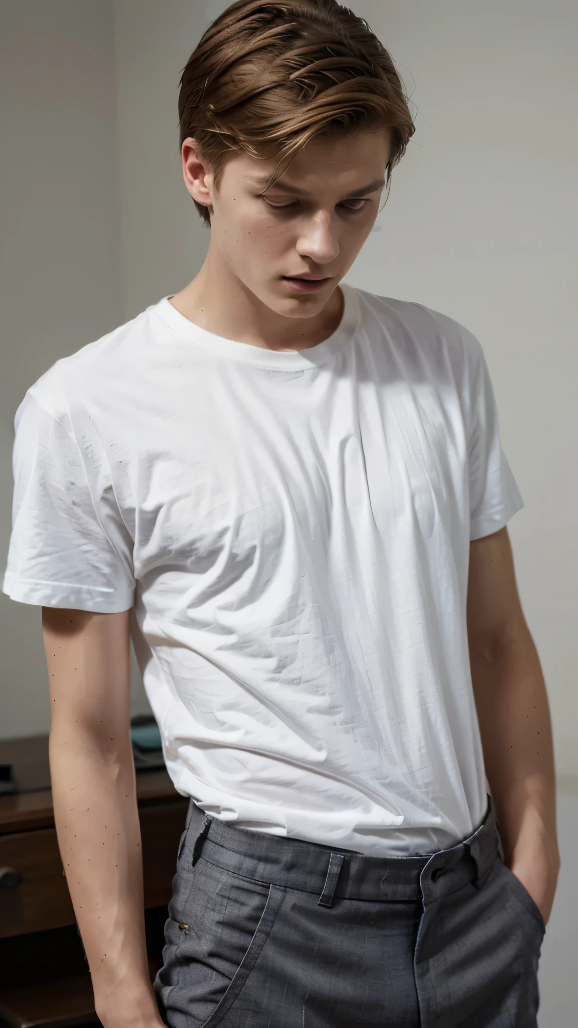 Janis Ancens, preppy haircut, classic pants, light t-shirt and pants, close-up, looking away