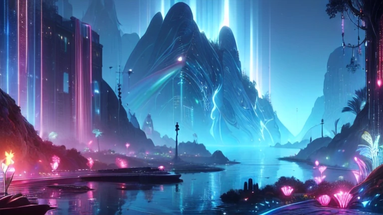 top quality, future world, State-of-the-art robot, Beautiful Woman, flying hair, Transformed into a cyborg except for the face, Transformed into a cyborg except for the shoulder, sexy images, whole body photo, ((mysterious island, mysterious atmosphere, mysterious river, mysterious mountain, mysterious rainbow, (woman body is part of the island)))