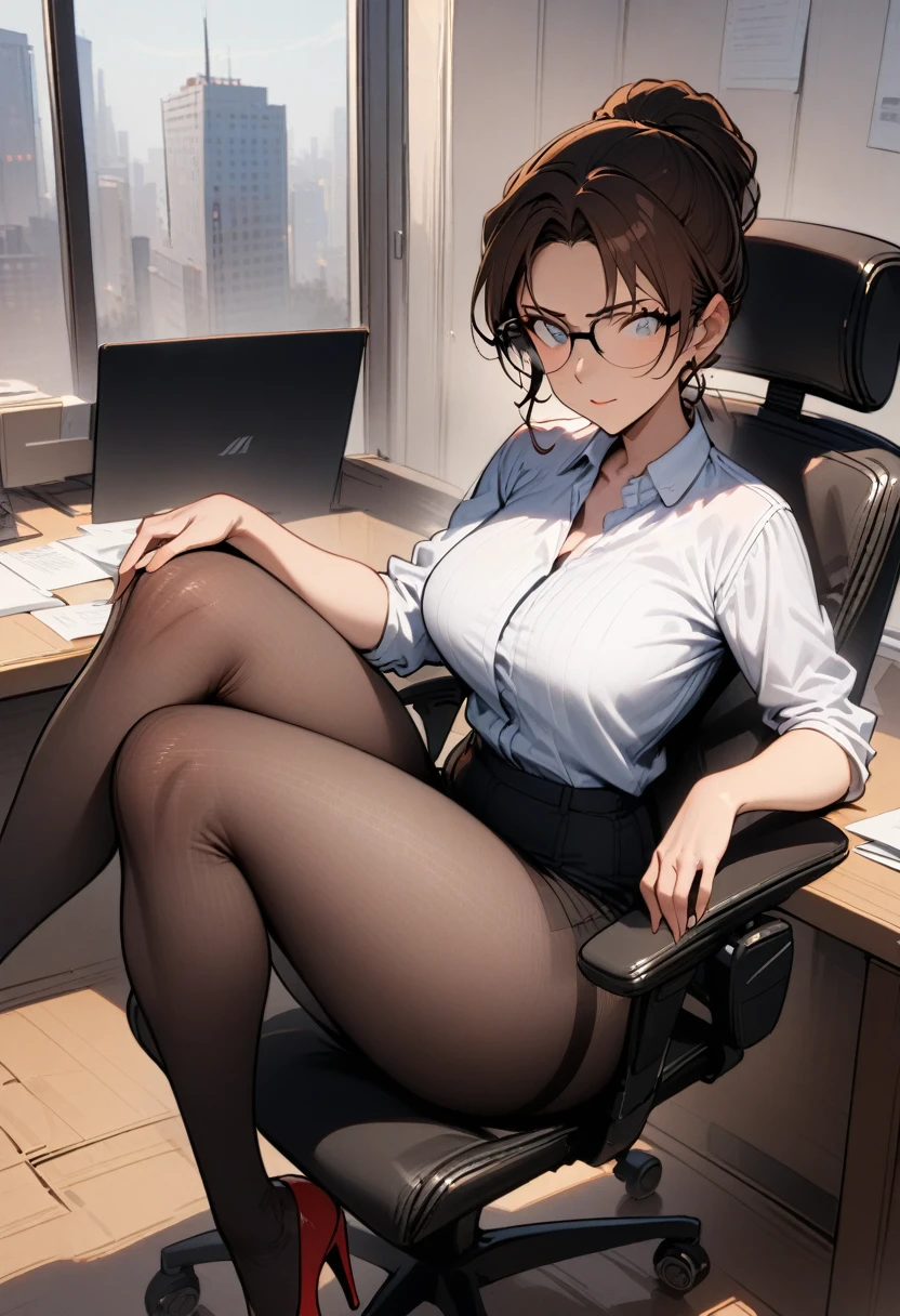 1milf，sit，Cross your legs, office chair，Looking at the audience, Brown hair，Glasses，White shirt，black，Red high heels，masterpiece, best quality