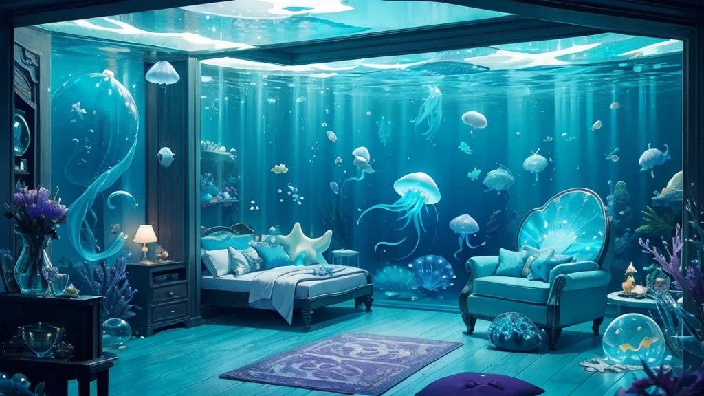 Room under the sea、From inside the room you can see mysterious jellyfish and other sea creatures.、The Underwater World、A room made of transparent materials、dim、The glow of the jellyfish creates a fantastical atmosphere、Fantasy、In the sea、Light shines in