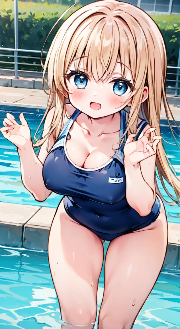 School swimmingwear,blush, full-face blush,masterpiece, Highest quality, (anime screencap:1.3),(shape), cute,(Simple:1), (anime:1.2),Solo Sharp Focus, 1 girl, Cleavage,Looking at the audience, at noon, School poolside,Are standing,,(Browsing Caution:1.2),Beautiful Hair,Horizontal stripes,heart shaped pupils,Close one eye,Happy smile,Large Breasts,cute eyes,Puffy eyes,no fingers,enjoy,