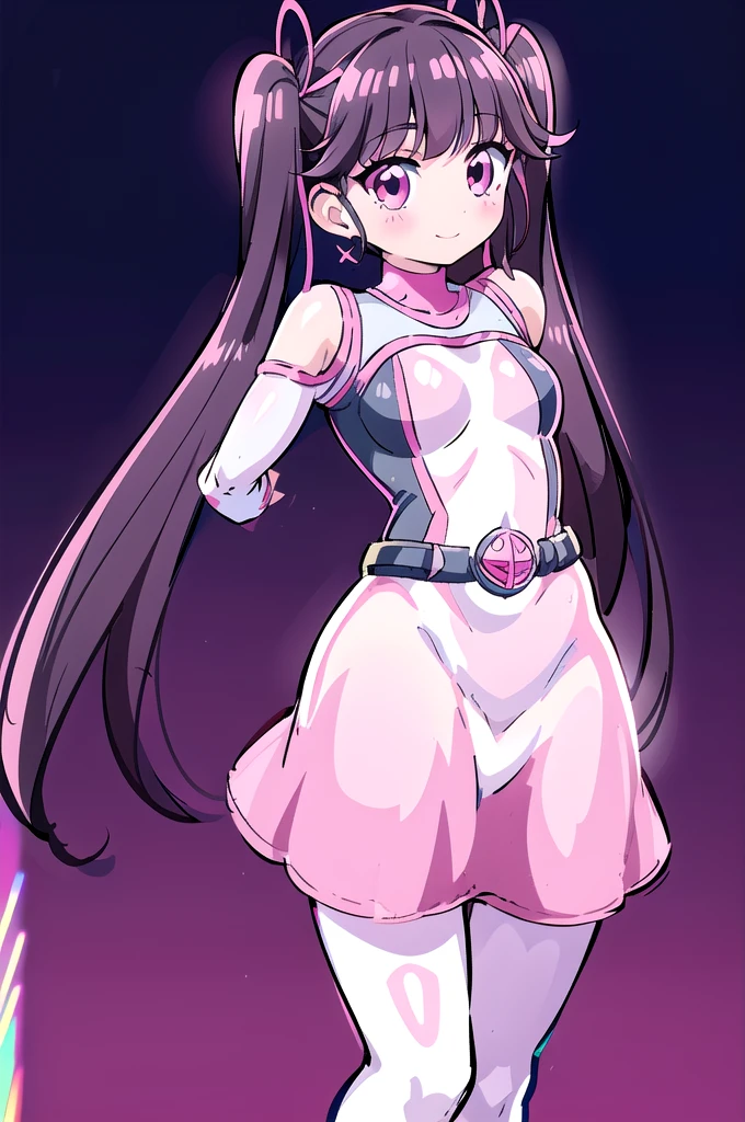 1girl,solo,cowboy shot,standing,(front view:1.2),(black hair:1.2), long hair, twintails, hair ribbon,(pink eyes:1.2),(beautiful fingers:1.4),(perfect anatomy:1.4),(arms_behind_back:1.6),masterpiece,best quality,(Ultra high definition eyes:1.2),8k,(Beautiful detailed eyes:1.2),(Fine and beautiful eyes:1.2),(pretty eyes:1.2),finely detail,extremely CG, absurdres,high resolution,illustration,Detailed and beautiful outlines,finely detail,high resolution,(colorful refraction:1.4,Increase saturation:1.2),beautiful lighting,dynamic lighting,closed room,black background,simple background, smile,looking at viewer,(haru_arisugawa),(pink bodysuit:1.2),multicolored bodysuit, pink skirt, white boots, white gloves, belt, pink sleeves,