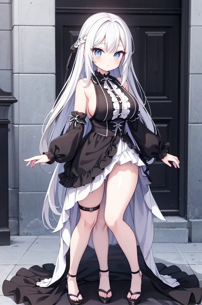(Best Quality, 4K, 8K, hight resolution, masutepiece:1.2), Ultra-detailed, (Realistic, Photorealistic, Photorealsitic:1.37), Mature Woman, Adult Woman, notre dame, masutepiece, Highest Quality, Ultra-fine, max resolution, Extremely detailed, inside a church, Night, shining beautiful skin, ((nun)),Extremely sexy, Big breasts, White panties, thong,Blushing, Crotch, Seductive thighs,Cameltoe,a miniskirt,(white  hair),from the rear,is standing